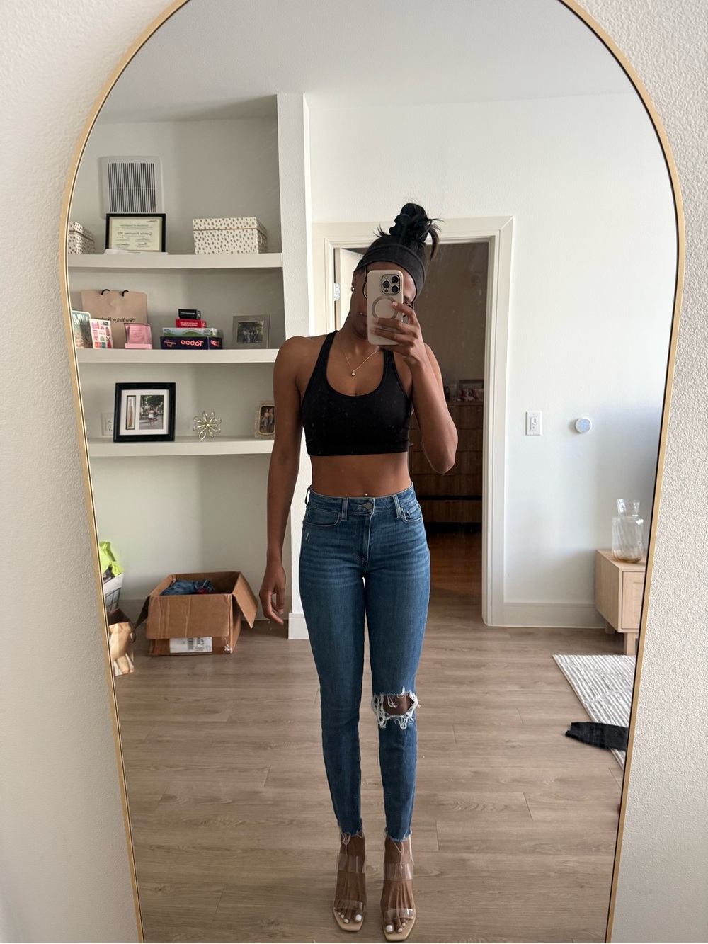 PAIGE Dark Blue High-Rise Distressed Skinny Jeans